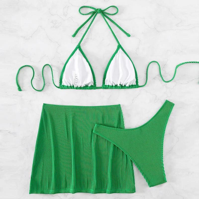 Women's three-piece bikini swimsuit set in polyester fabric with four colour options