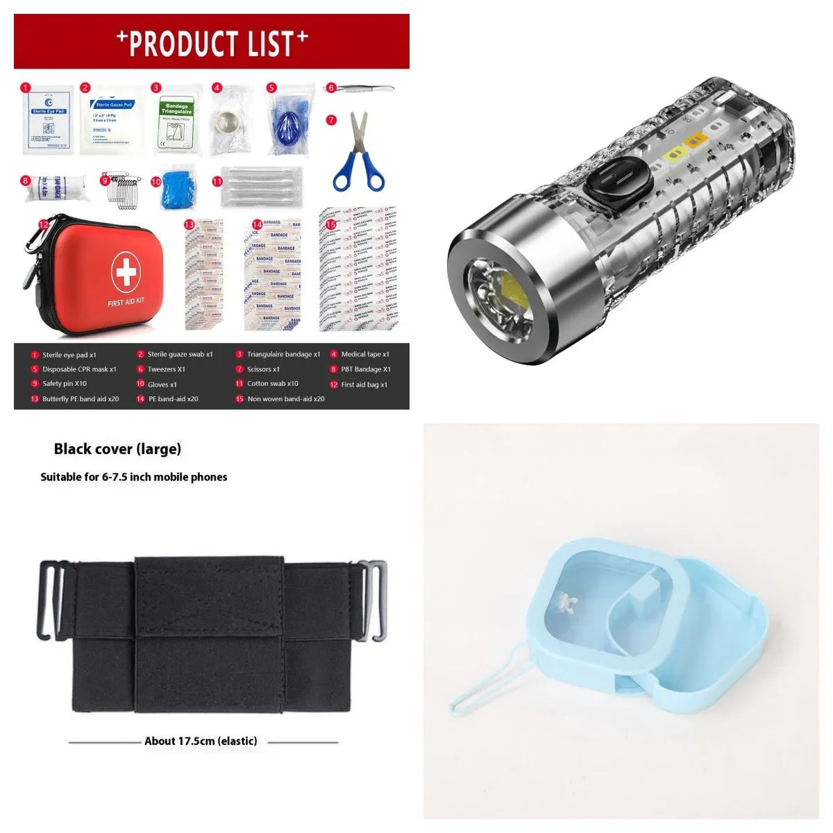USB keychain light in ultra-thin ABS with keychain fitting, shown in red, blue, green, or transparent for night lighting and camping
