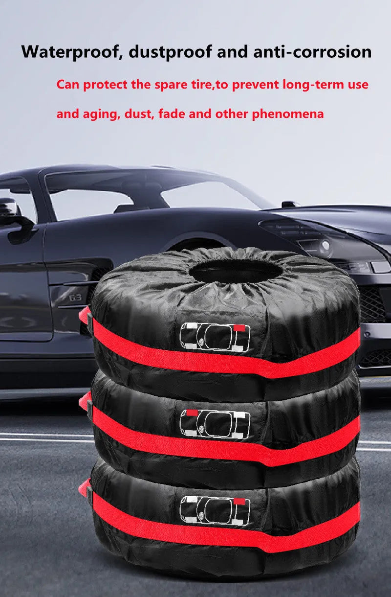 Set of four Oxford cloth 210D polyester car tyre protective covers with belt closure in black or red styles