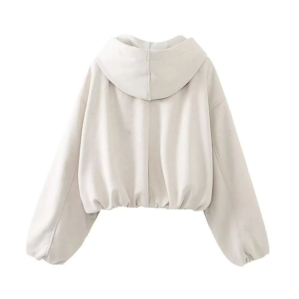 Women's suede hooded jacket in black or white colour with Asian sizing from XS to L
