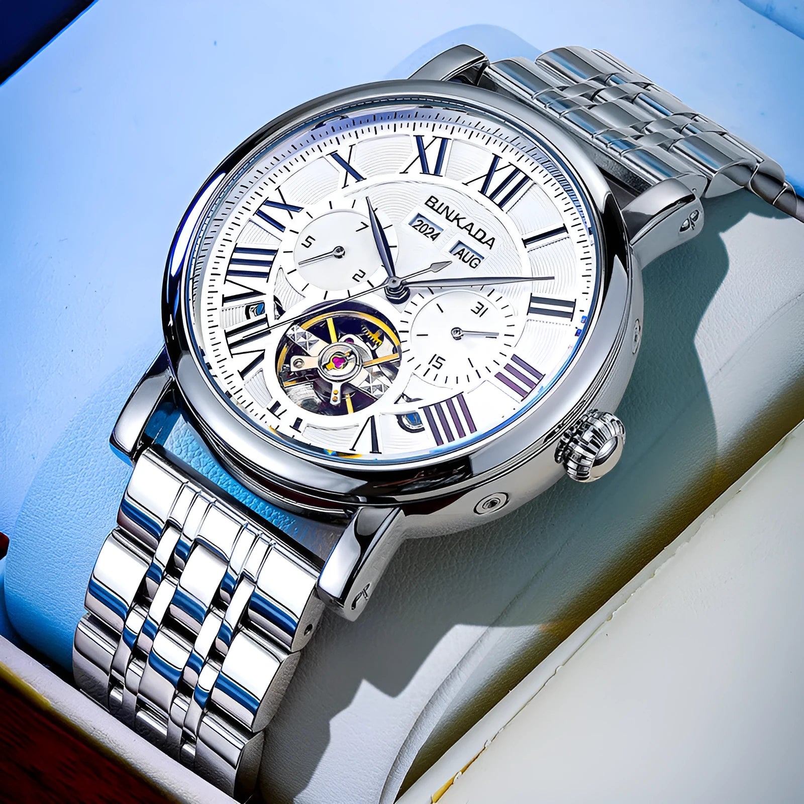 Men's automatic waterproof watch with steel bracelet in business style design