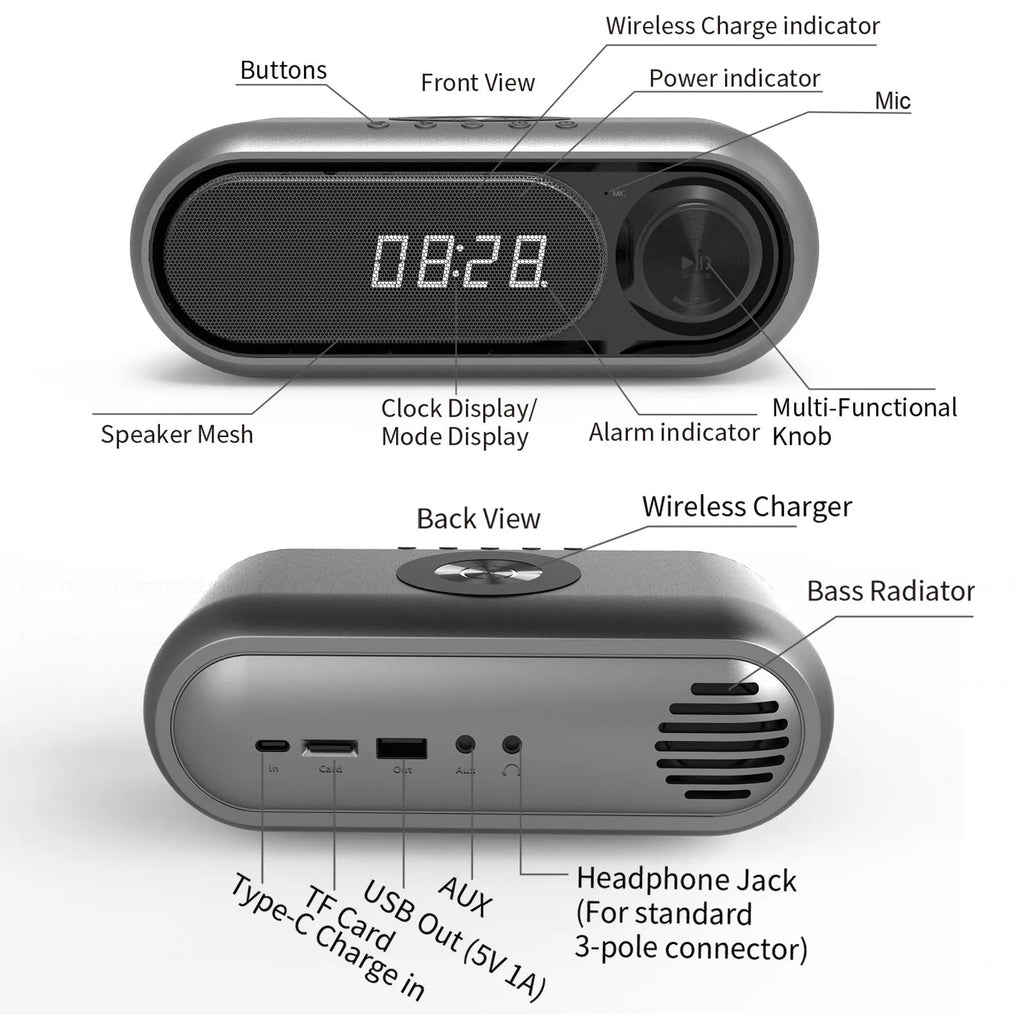 Space grey wireless charging bedside alarm clock with Bluetooth speaker and FM radio functions