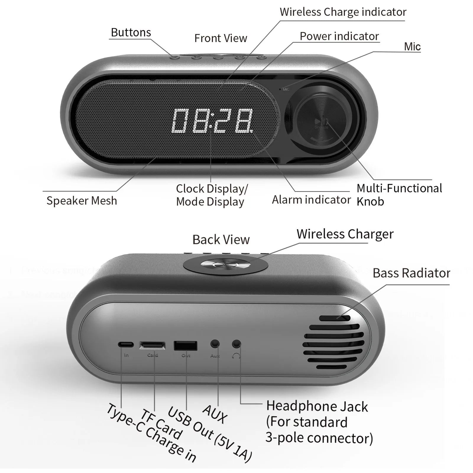 Space grey wireless charging bedside alarm clock with Bluetooth speaker and FM radio functions