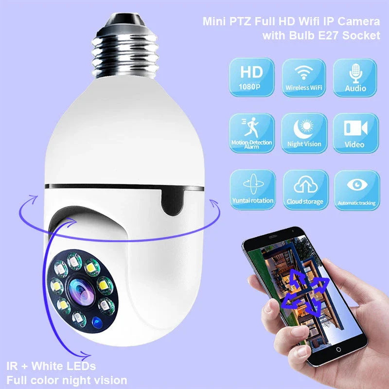 Alexa-enabled 1080P WiFi bulb camera with smooth pan and tilt, night vision, and voice control features