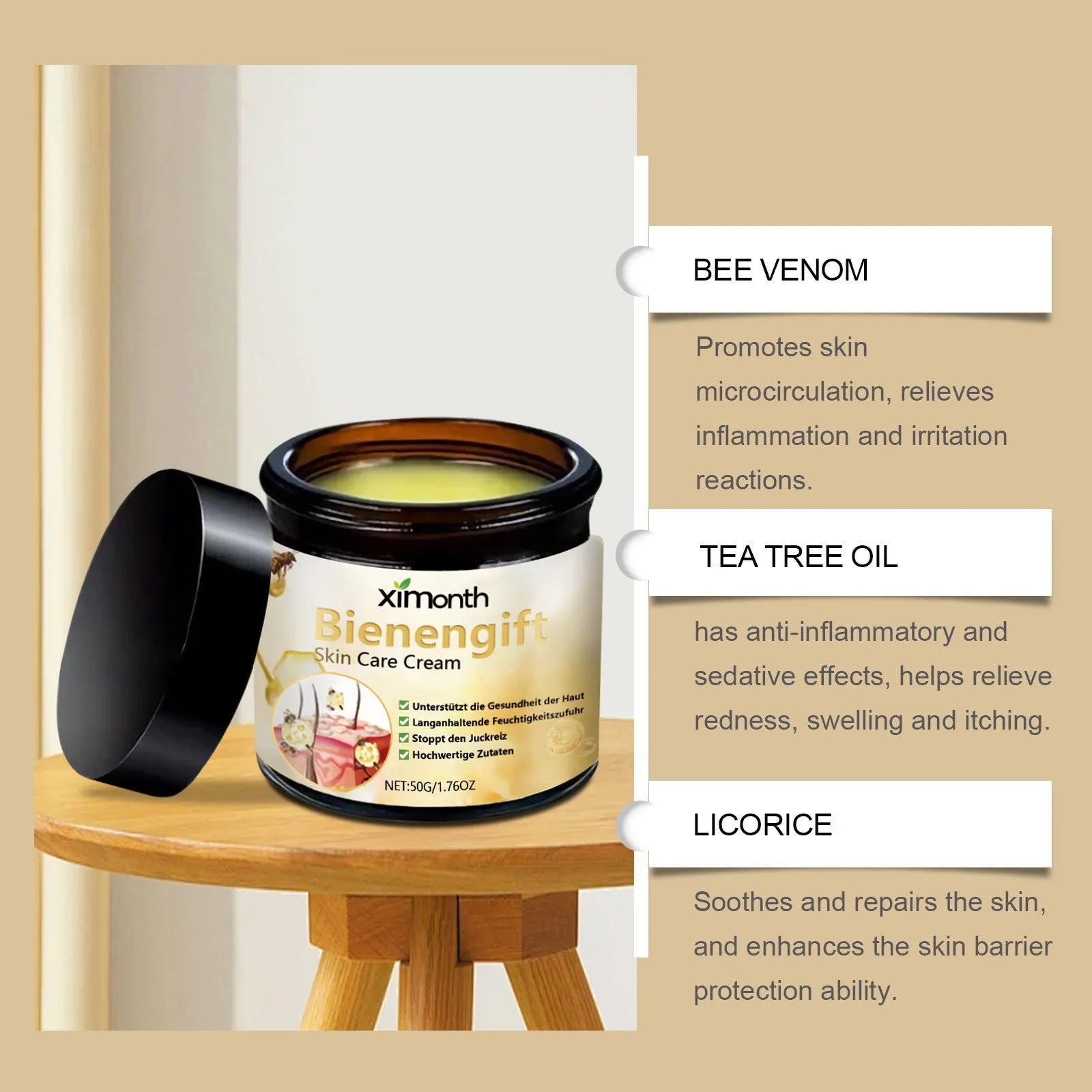 50g jar of bee venom herbal blend moisturising neck and body cream