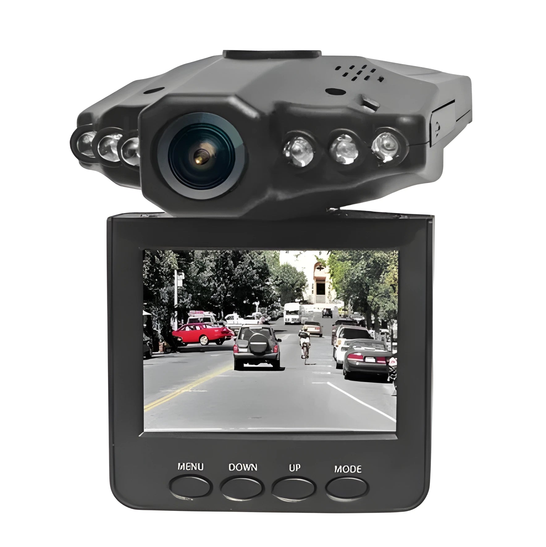 H198 HD six-light infrared car dash camera on a windshield with a 2.4-inch screen display.