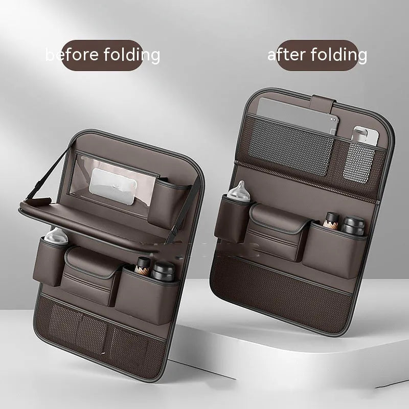 Leather car seat storage bag with foldable dining table in multiple colour options