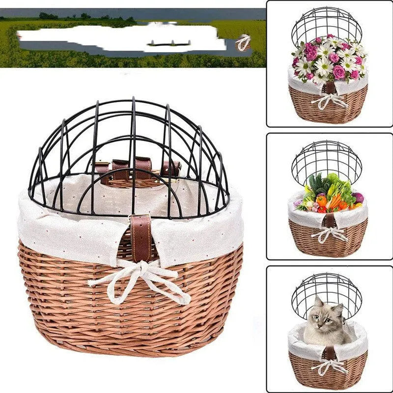 Medium honey wicker bicycle front basket for cat and dog on road bike handlebar