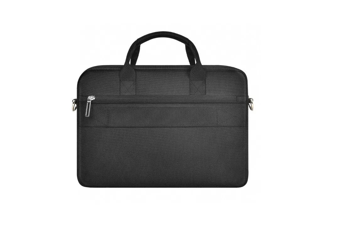 Black Oxford cloth laptop handbag showing multi-pocket organisation and expansion feature.