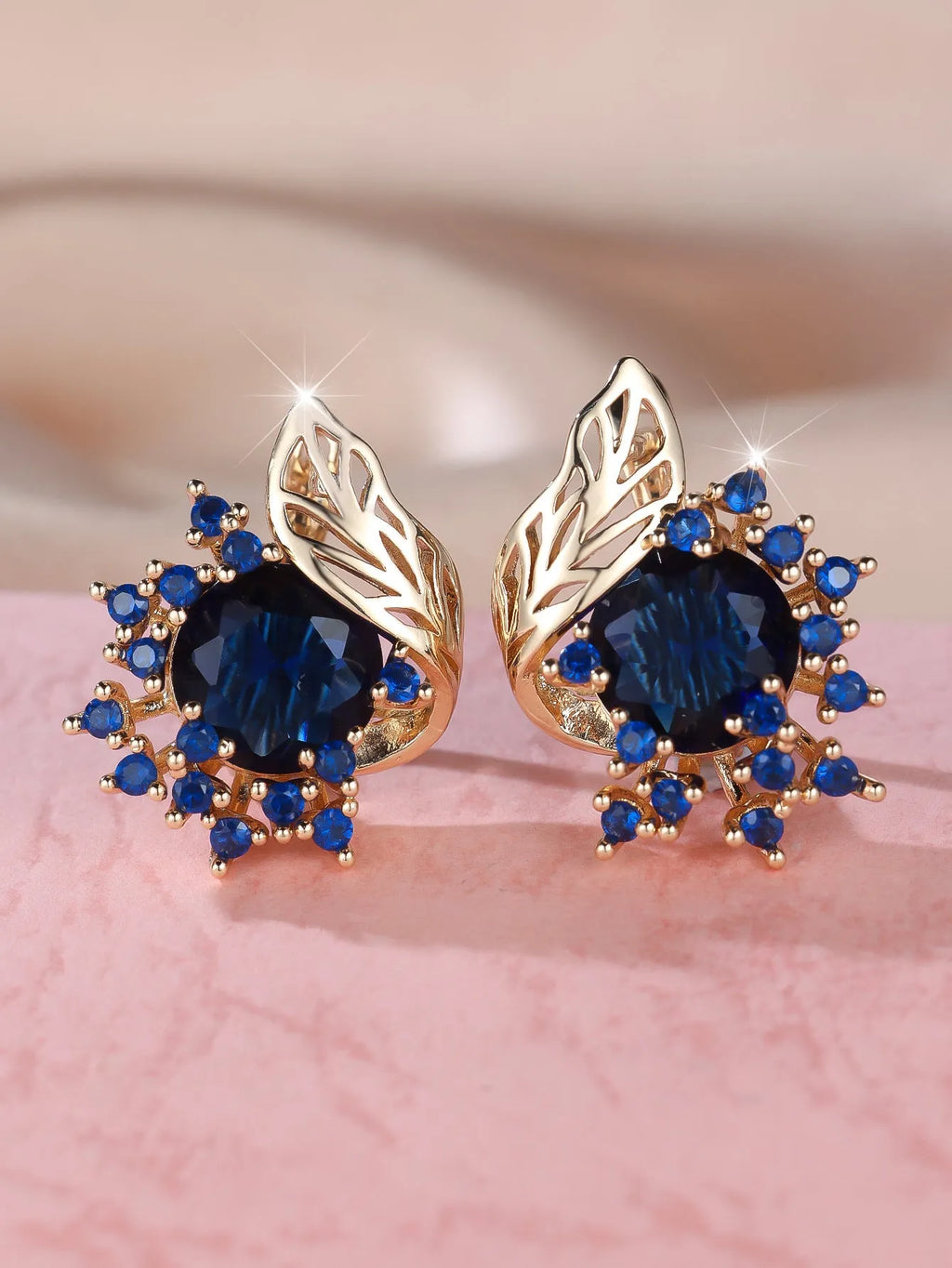 Round flower feather design zircon earrings in rose gold with six champagne gold colour options