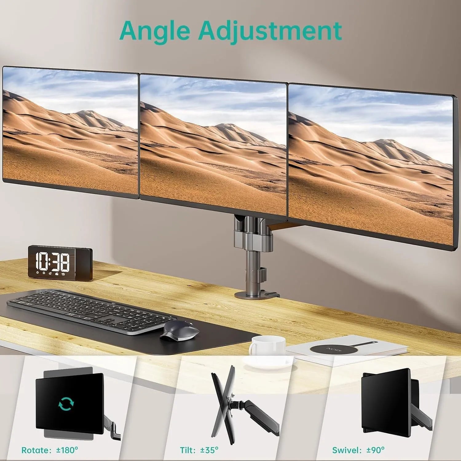 Black three-arm gas spring monitor mounting arm for computer screens up to 27 inches.