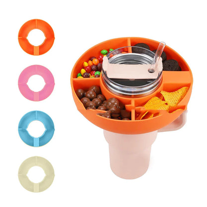 Reusable 40 oz snack container with 4 compartments, designed to fit Stanley tumblers for on-the-go convenience