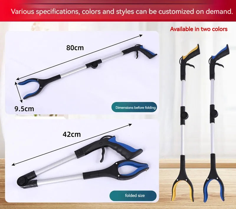 Foldable silver aluminium garbage clamp with blue handle, shown extended and with magnet sucker.