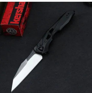 Black folding fruit knife with D2 steel blade and aviation aluminium handle in open position
