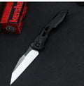 Black folding fruit knife with D2 steel blade and aviation aluminium handle in open position