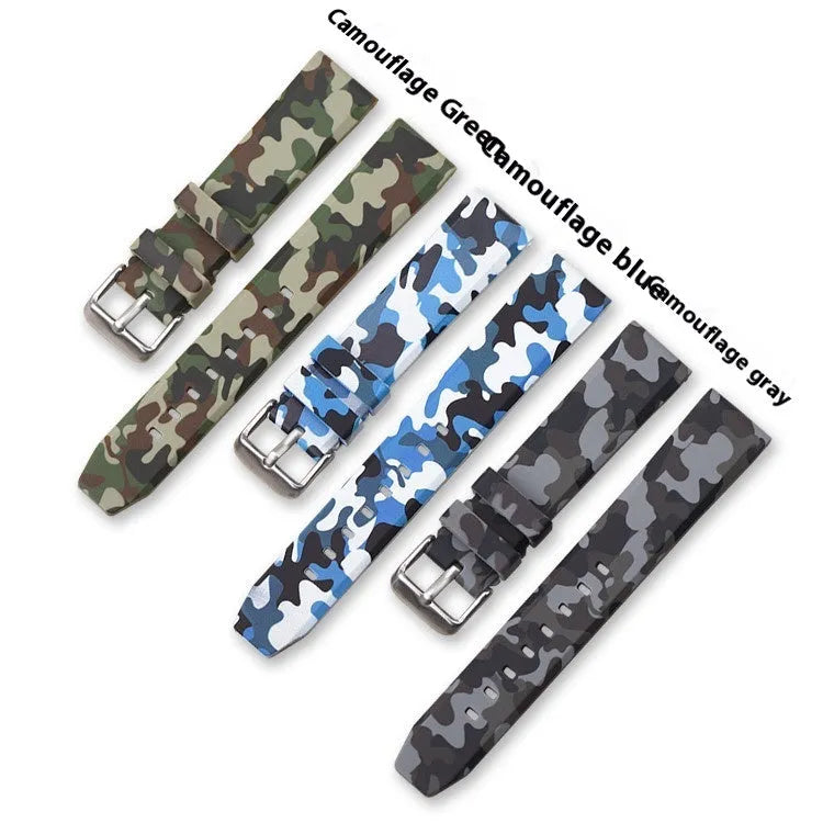 Green camouflage silicone watch strap showing 20mm width and buckle.