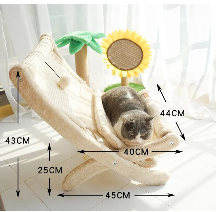 Cat sofa bed sunbathing chair in beige or dark grey with back mat, made from sisal, wood, corrugated paper, and hemp rope
