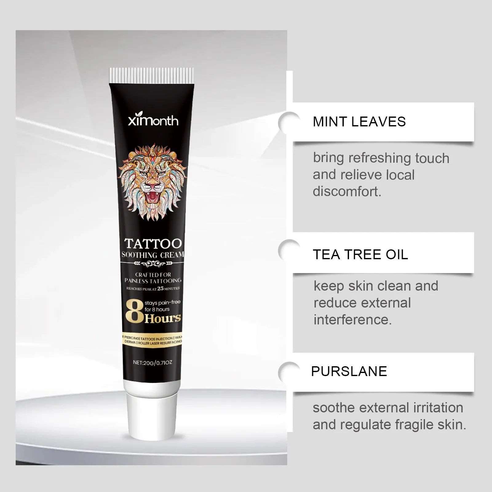 20g tube of tattoo soothing neck cream with mint leaf and tea tree oil for post-tattoo care