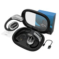 Simultaneous interpretation Bluetooth headset in black with AI translation, noise reduction, ear hook, and charging bin.