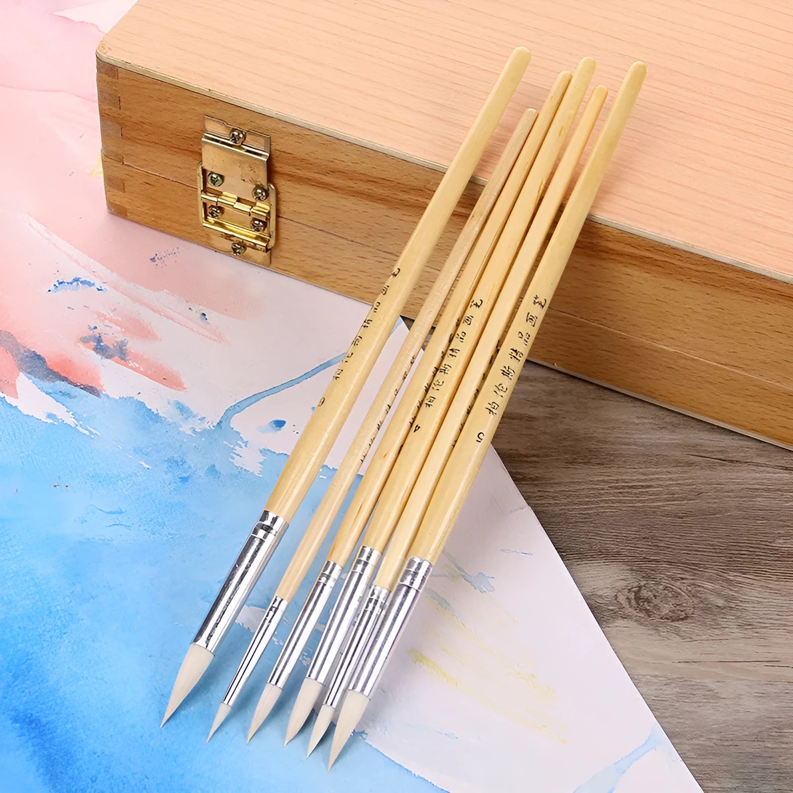 Wooden pen brush set containing six artist brushes with pointed hook line handles