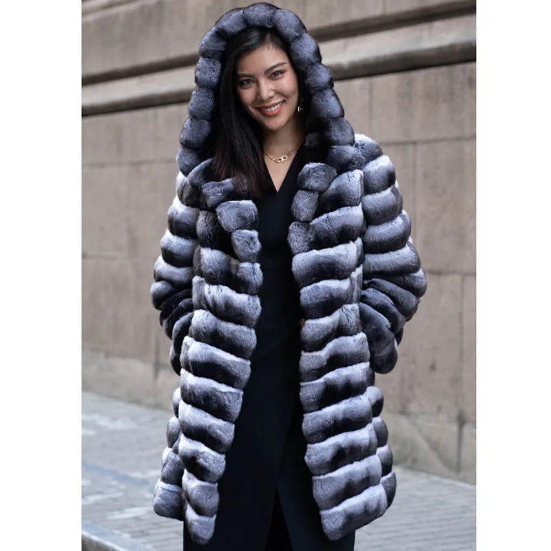Women's zebra stripe faux fur mid-length overcoat in Japanese Korean casual style