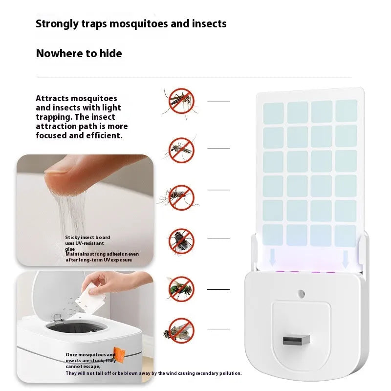 Home UV LED mosquito killer lamp with ABS shell, USB cord, and five adhesive replacement boards