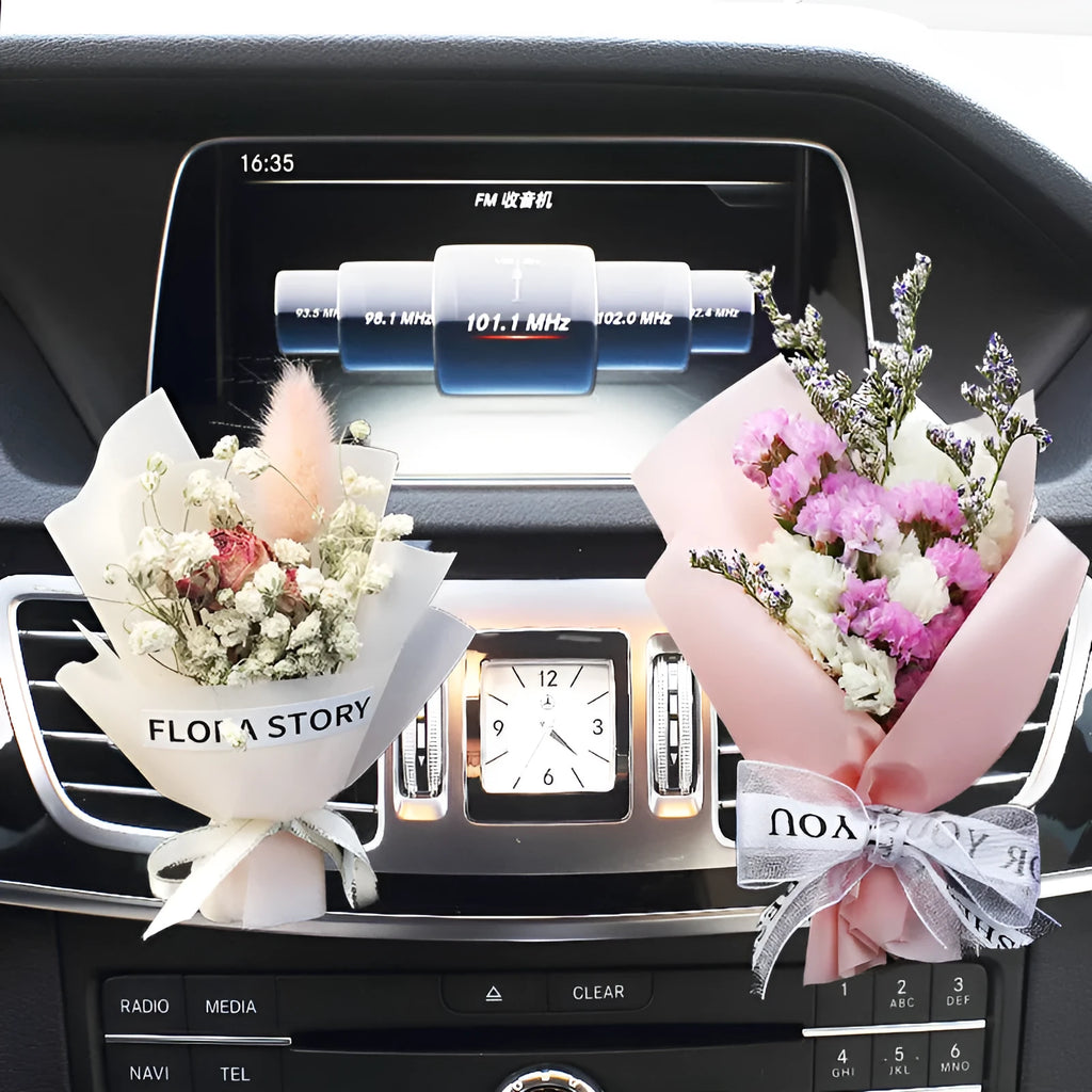 Dried flower bouquet and fragrant slice car air freshener with natural botanical decoration