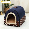 Portable cloth cat bed with handle, available in S, M, L and XL with pink, blue, brown and green patterns