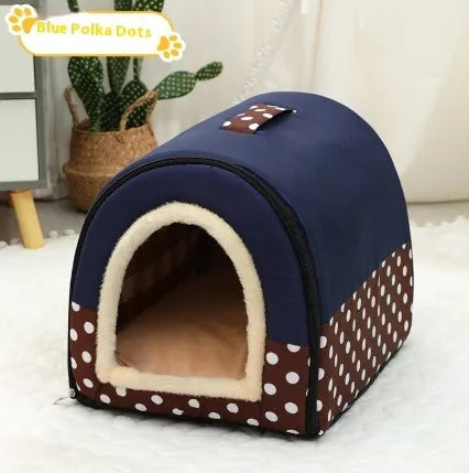 Portable cloth cat bed with handle, available in S, M, L and XL with pink, blue, brown and green patterns