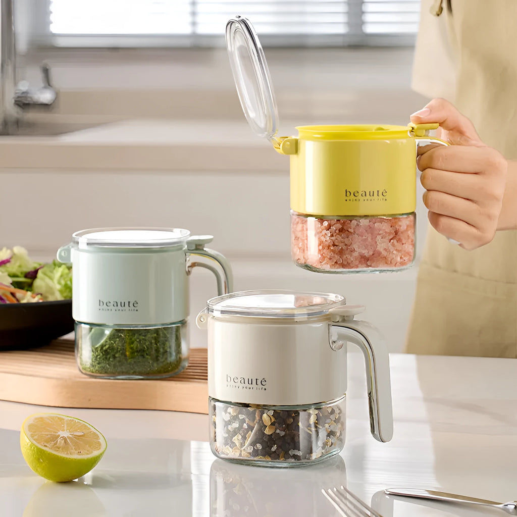Light luxury pressed sealed glass seasoning can in warm white gray, 9x13.6x10.5cm