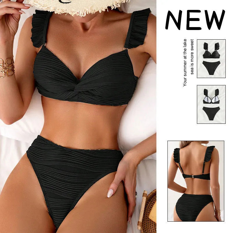 Women's solid colour bikini swimsuit set in black or khaki available in sizes S M L XL