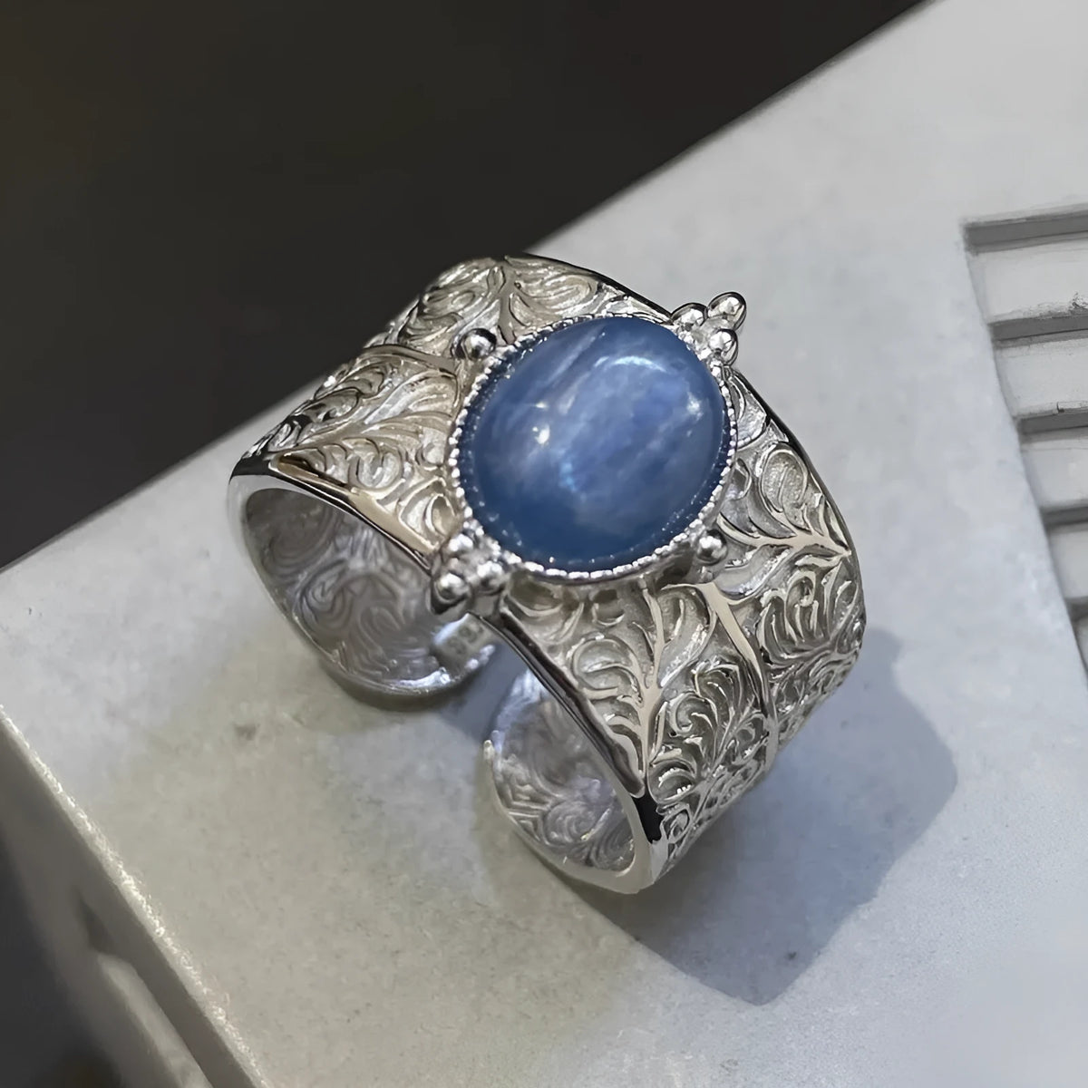 Vintage blue copper wide band ring with heavy industry retro vine pattern adjustable opening