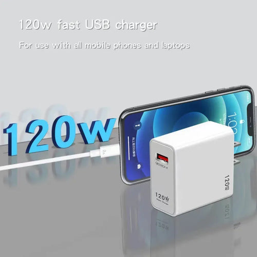 White 120W USB fast charger with US, EU, and UK plug adapters and a data cable.