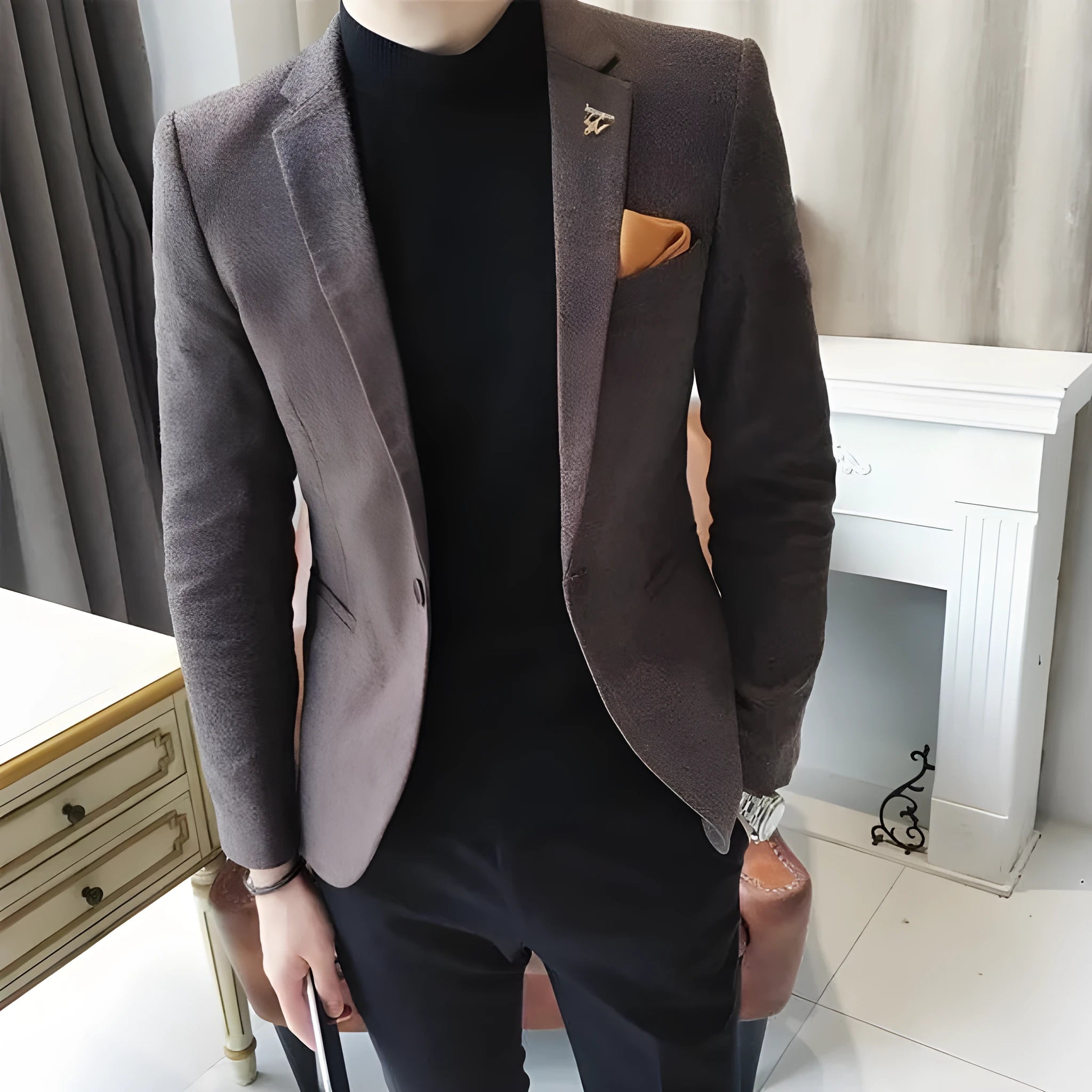 Men's casual suit jacket top in solid colour blue, made from cotton, front view