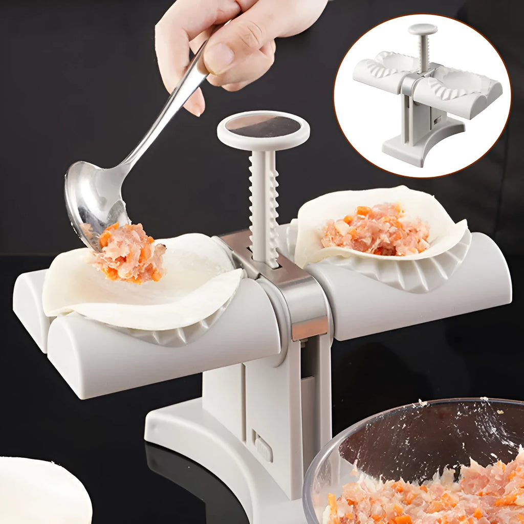 White double-head manual dumpling press with stainless steel mould and plastic handles
