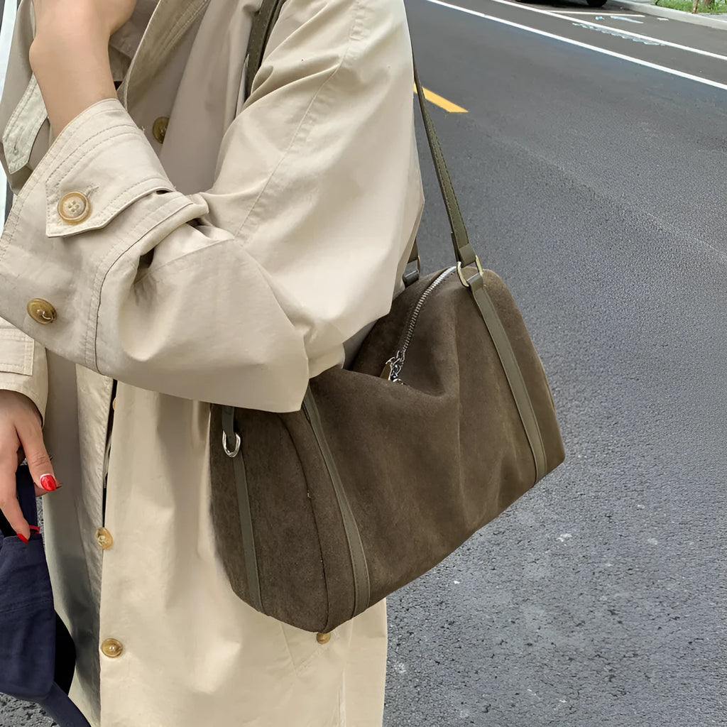 Women's suede-effect PU crossbody shoulder bag, large-capacity horizontal square, khaki brown green black