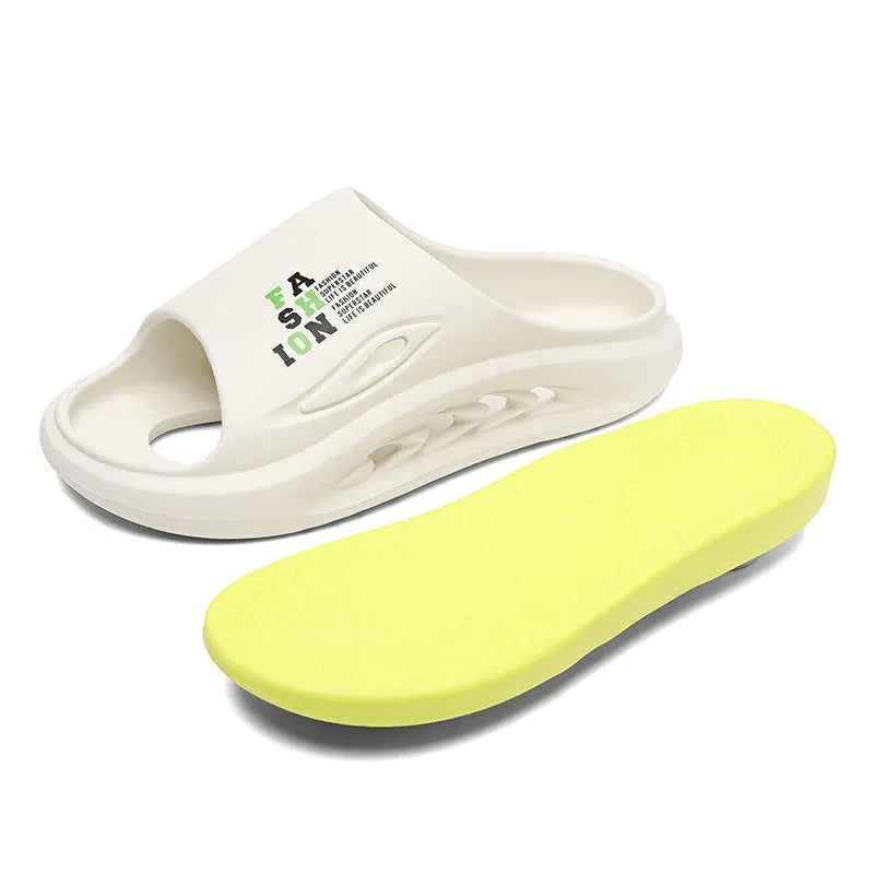 Men's white and green colour block EVA slippers with a thick, textured sole.