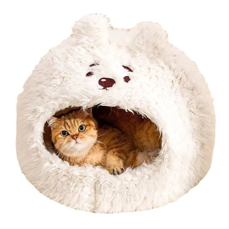 Semi-enclosed cat litter kennel tent with flannel lining and removable lid in an animal print.