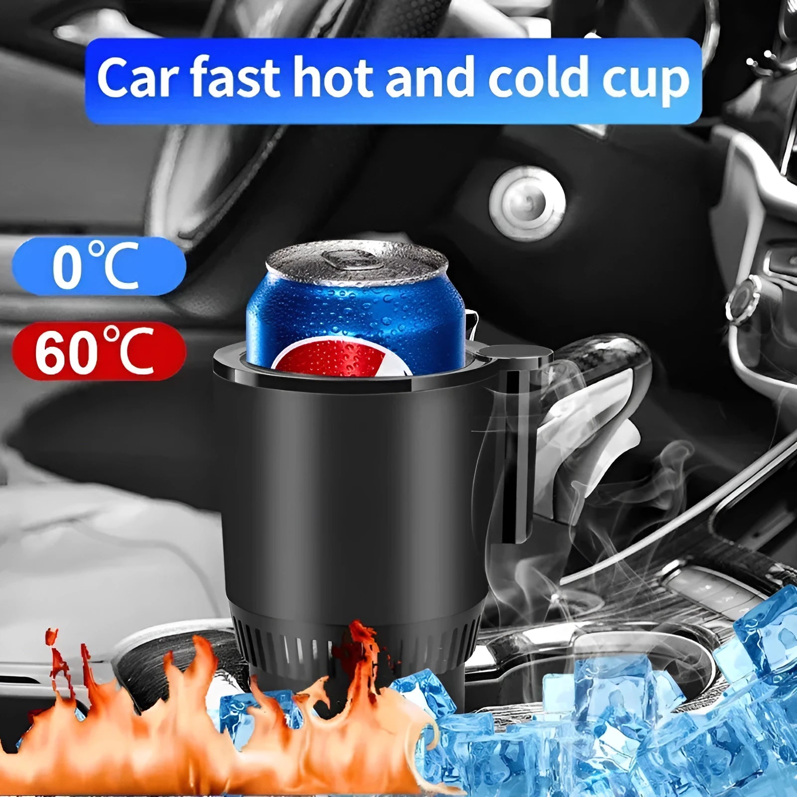 Black 12V car heating and cooling cup with digital temperature display in vehicle cup holder