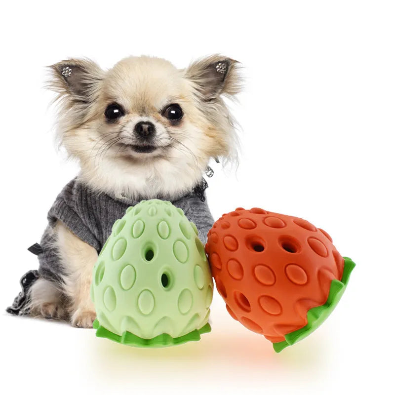 Red or green rubber strawberry leak food ball pet toy, chew resistant, 204.8g, for dogs and cats