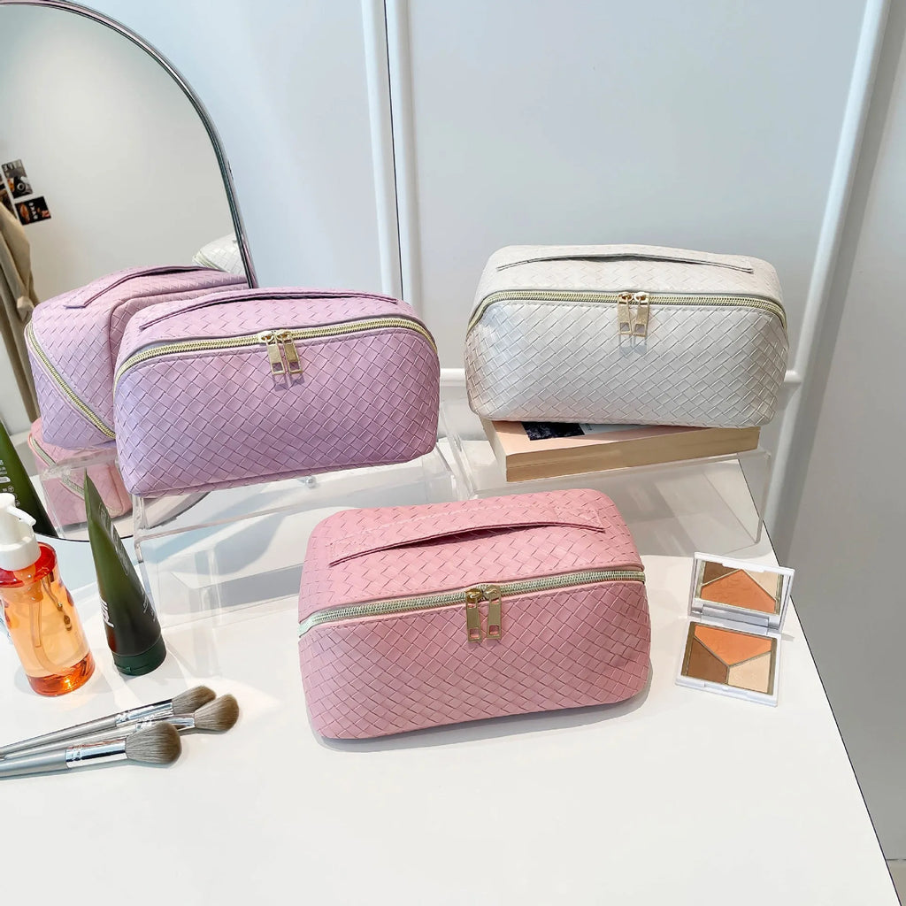 Waterproof PU storage bag in white, black, pink, green, or purple, large capacity, multifunctional, breathable, for cosmetics.