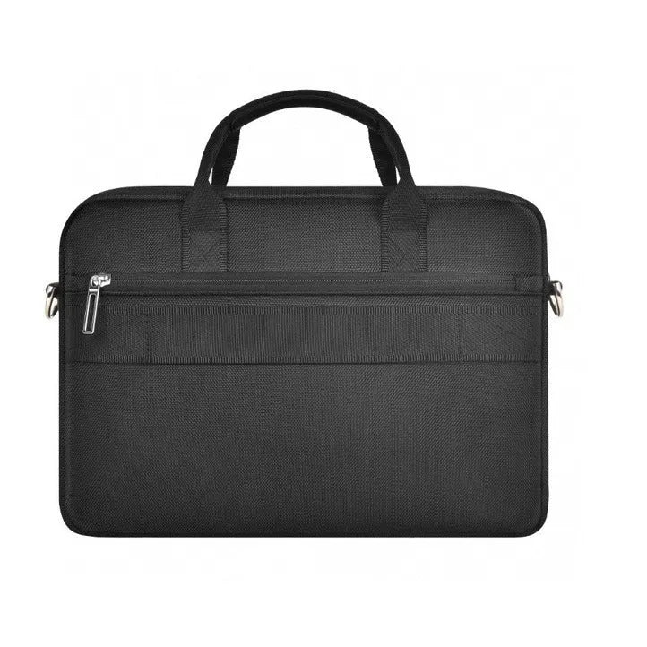 Black Oxford cloth laptop handbag showing multi-pocket organisation and expansion feature.
