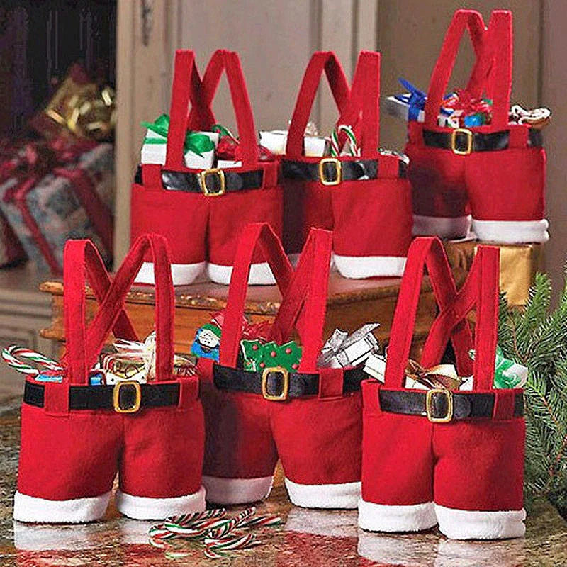 Festive Christmas-themed tote bag in the shape of Santa's iconic red pants, perfect for holding holiday treats and gifts