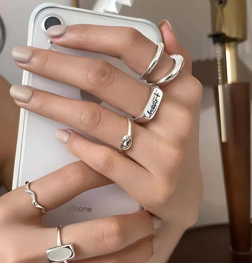 925 sterling silver minimalist ring with adjustable opening for women, Korean-style niche design on white background