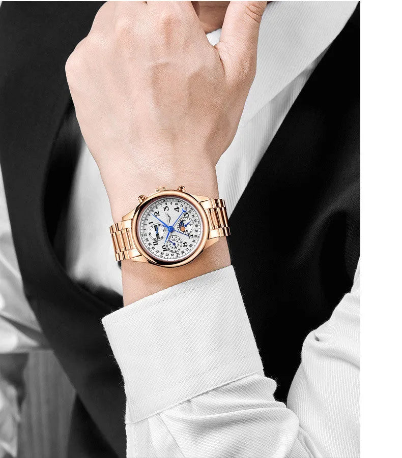 Men's mechanical wristwatch with perpetual calendar and moon phase display on a leather strap.