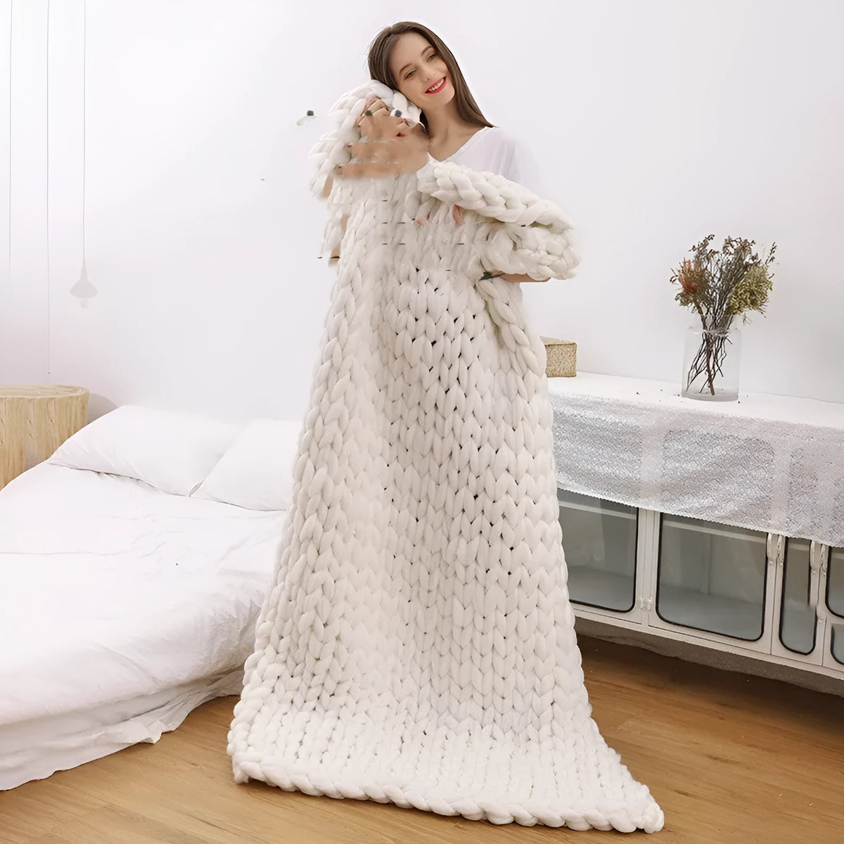 Nordic coarse yarn hand-woven white wool blanket with thick chenille texture, 100x200cm