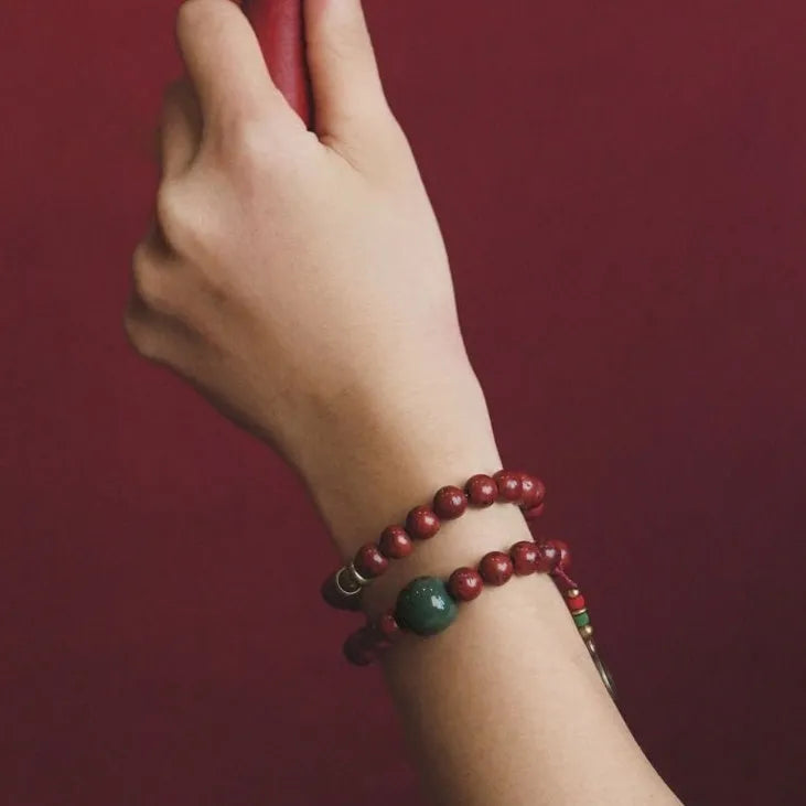 Handmade natural bodhi seed double circle bracelet showing textured seeds and layered design