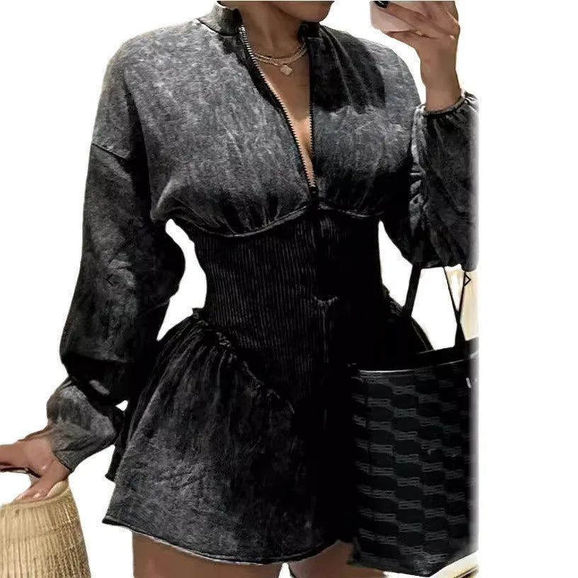 Grey digital print polyester women's dress with A-line skirt and slim fit