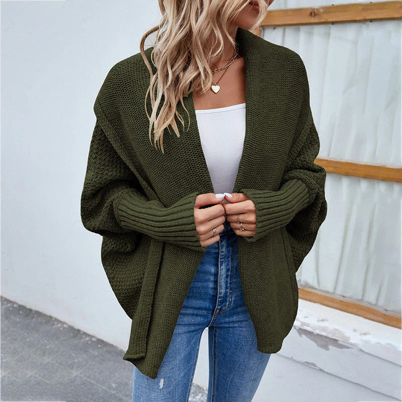 Cozy knit cardigan jacket in various colors with relaxed bat-wing sleeves and large lapel design for women's fall and winter fashion