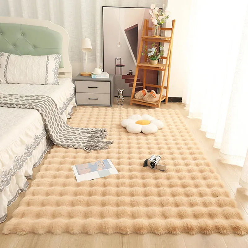 Cream-style bubble fleece carpet in imitation rabbit fur, rectangular rug shown in beige, grey, khaki, matcha green, pink or white